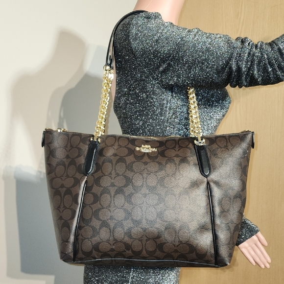 Coach Dark Brown Signature Tote with Gold Chain - Picture 1 of 12